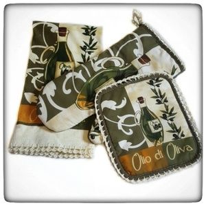 Handmade Crocheted Olive Oil Theme-Kitchen Set-Dish Towel-Oven Mitt-Pot Holder